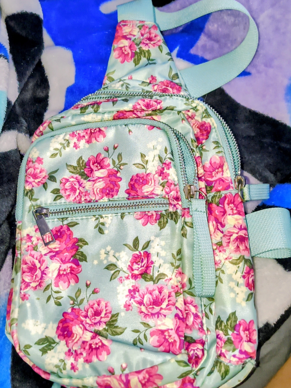Floral Mint Crossbody Sling Bag - Pink Rose Print